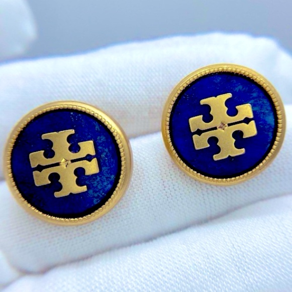 Tory Burch semiprecious lapis blue round button stud logo earrings - Picture 3 of 10